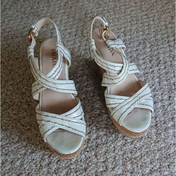 Prada White leather criss cross Wedges Sandals size 36.5 - Picture 1 of 16